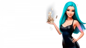 Изображение женского персонажа, держащего стопку монет, рекламирующего приветственный бонус в интернет-казино BitStarz в игривом и привлекательном стиле.